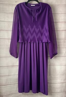 Vintage Amy-Deb Purple Dress Sheer Long Sleeves Tie Neck Chevron Pleats